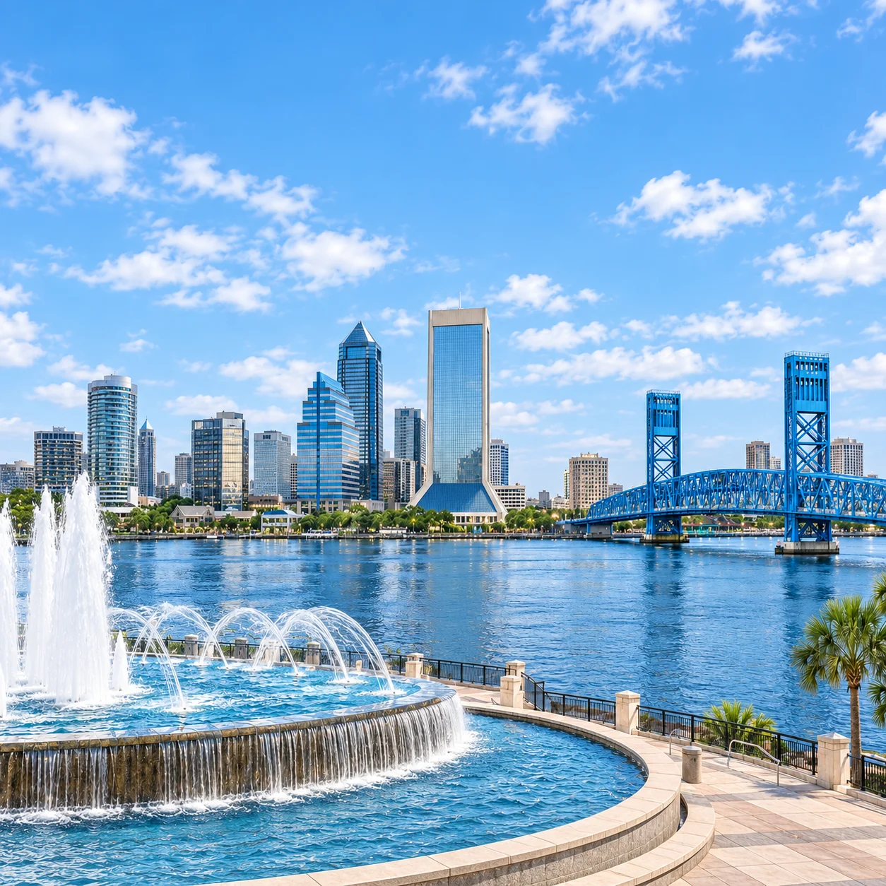 Jacksonville riverfront fountain, downtown skyline and Main Street Bridge